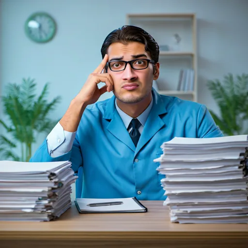 Stressed dentist with paperwork