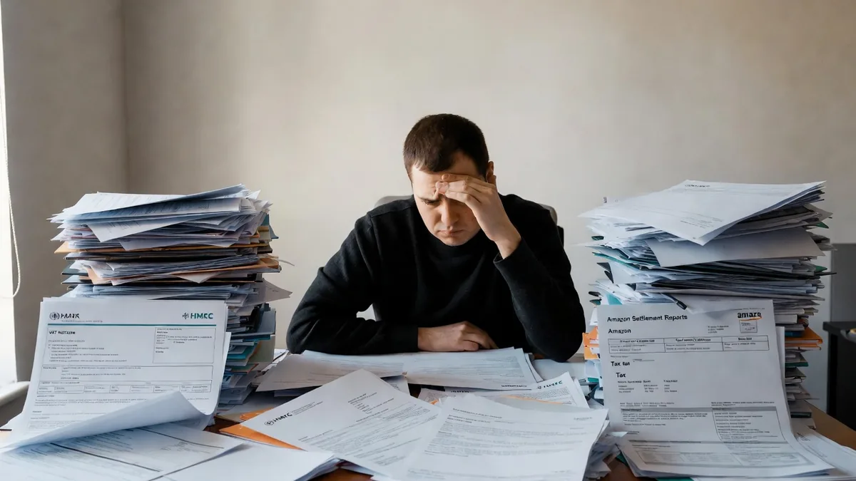 Stressed e-commerce seller with paperwork
