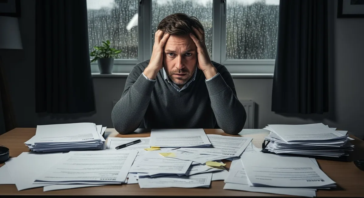 Stressed landlord with tax paperwork